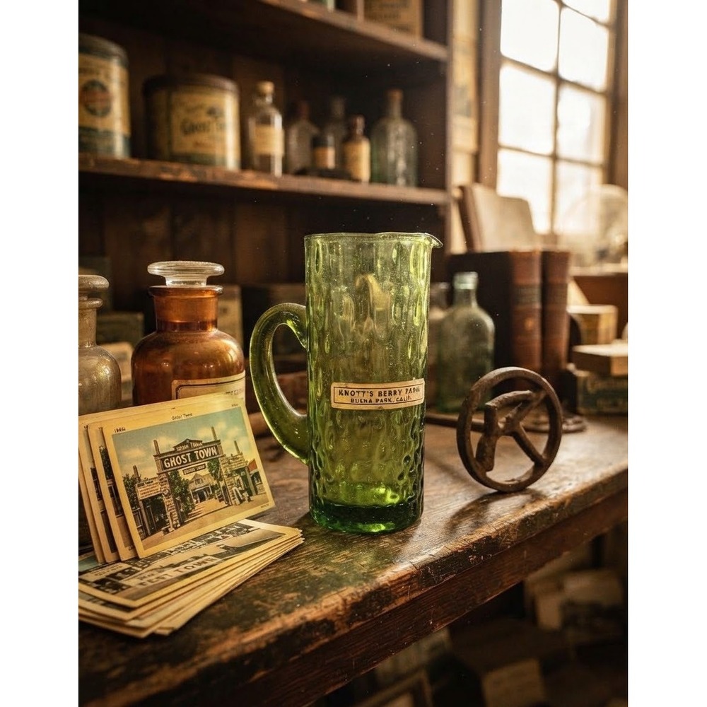 Vintage Knotts Berry Farm Green Glass Souvenir Mini Pitcher Buena Park CA